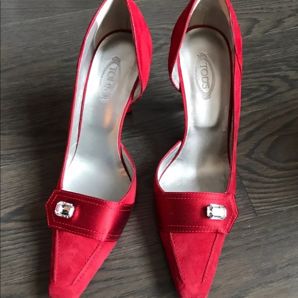 NEW TOD'S Swarovski women red suede  shoes heels pumps size 10 - Picture 5 of 6